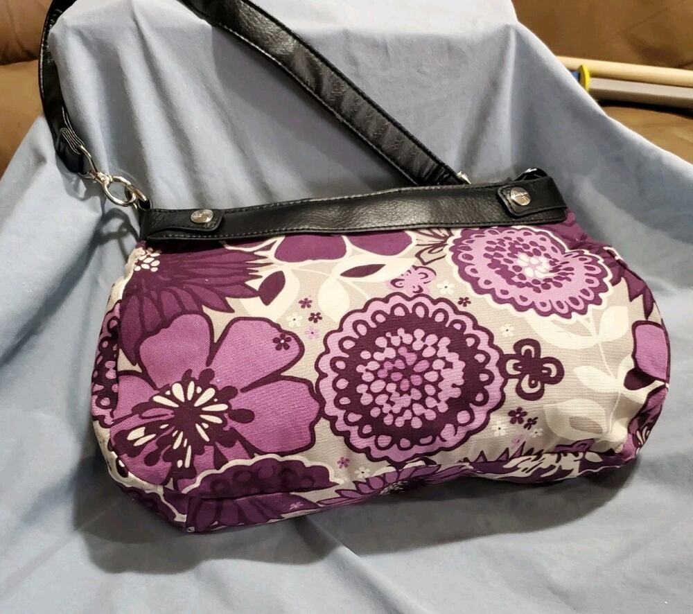 Thirty-One Purple Floral Shoulder Bag Purse Black Trim Zip Top 13x8x4 EUC